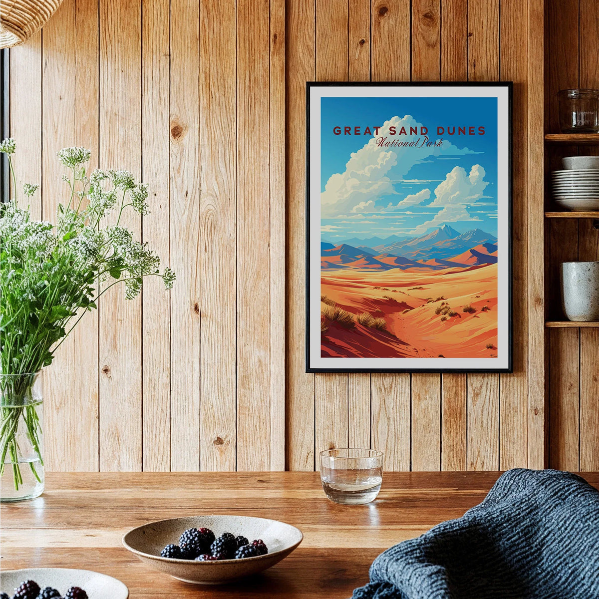 Great Sand Dunes National Park framed art print on wood wall in rustic kitchen decor