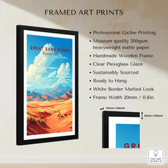 Framed Great Sand Dunes art print with desert landscape and product details list