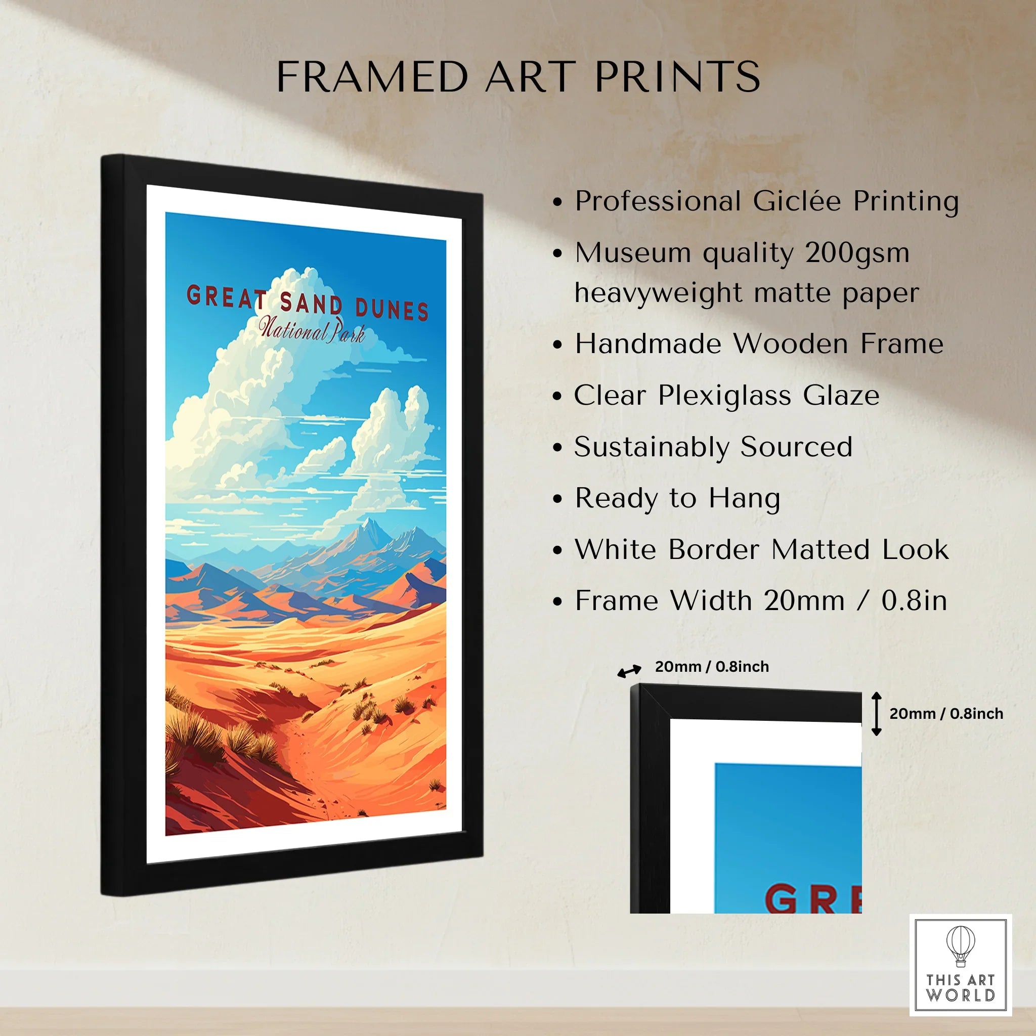 Framed Great Sand Dunes art print with desert landscape and product details list