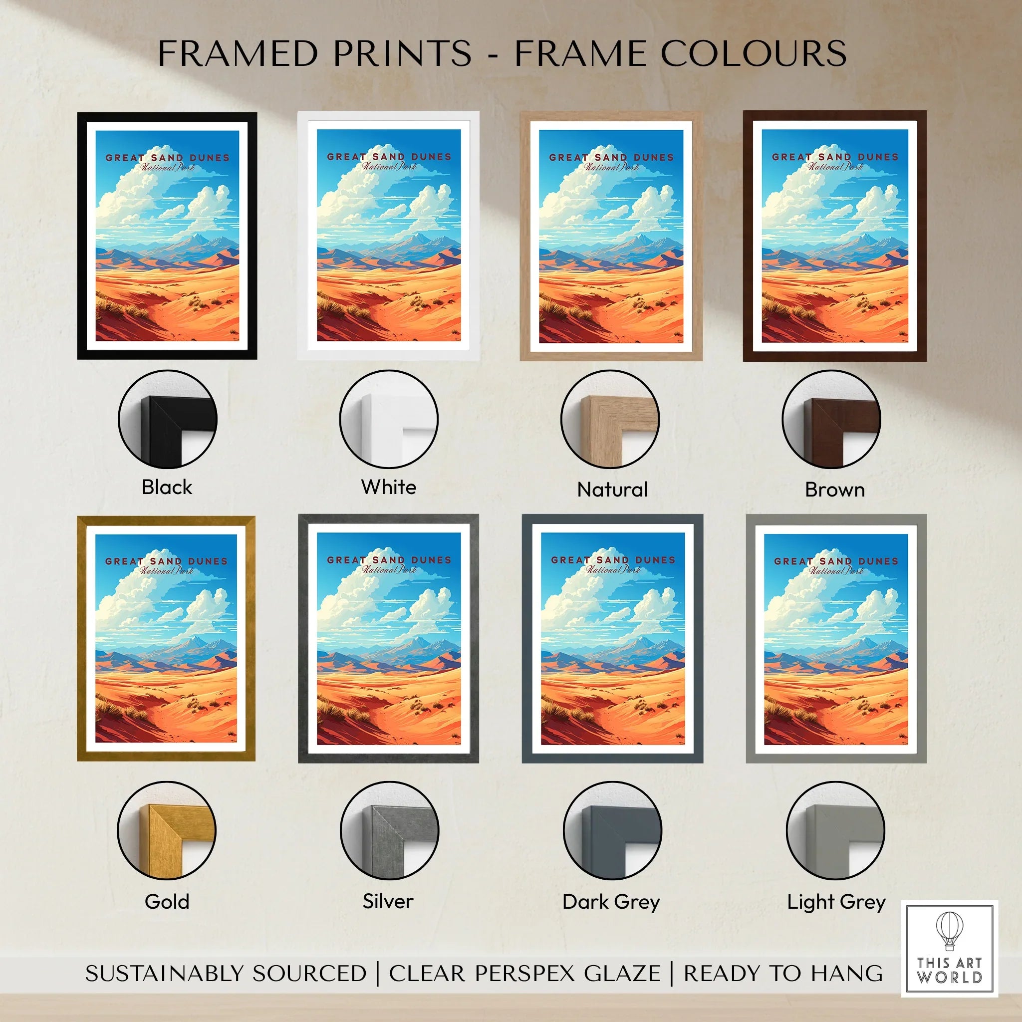 Great Sand Dunes National Park print with various frame color options, travel poster art