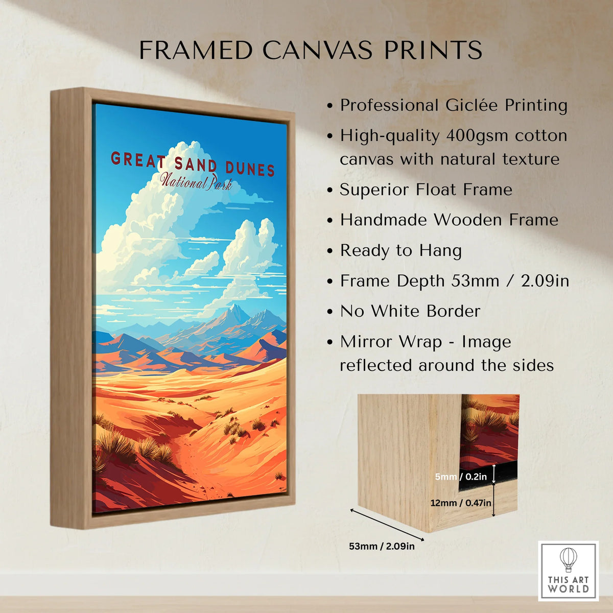 Framed canvas print of Great Sand Dunes National Park art in wooden float frame