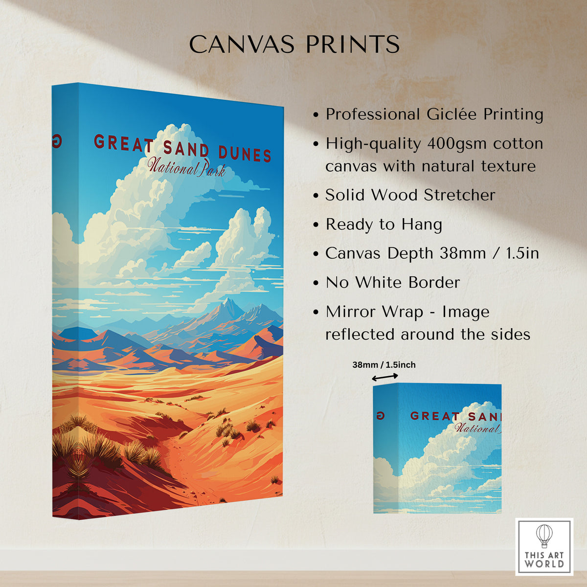 Great Sand Dunes National Park canvas print with desert landscape, cotton texture, and stretched wood frame