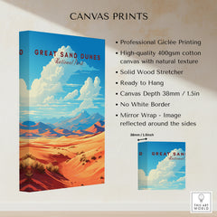 Great Sand Dunes National Park canvas print with desert landscape, cotton texture, and stretched wood frame