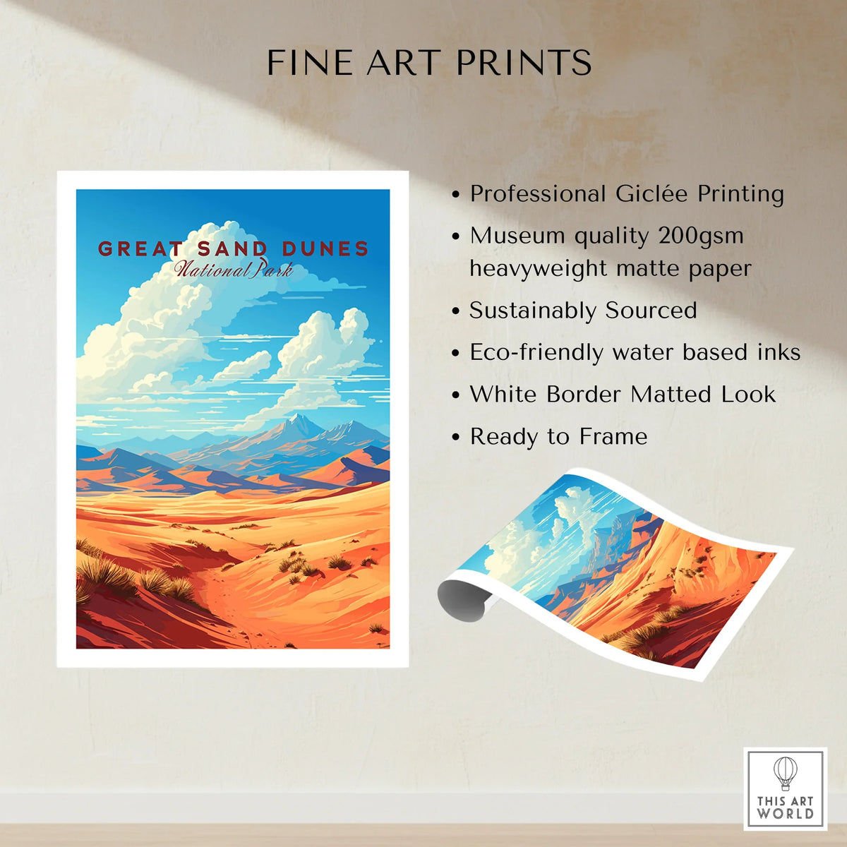 Great Sand Dunes National Park art print with vivid desert landscape, blue sky, ready to frame