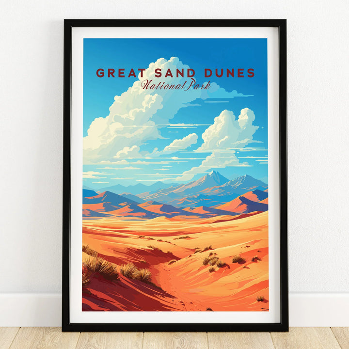 Great Sand Dunes National Park art print in black frame on wooden floor, desert landscape wall art