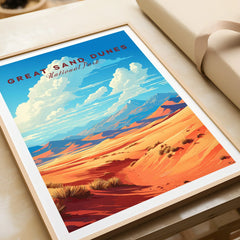 Framed Great Sand Dunes National Park art print with vivid desert landscape and blue sky