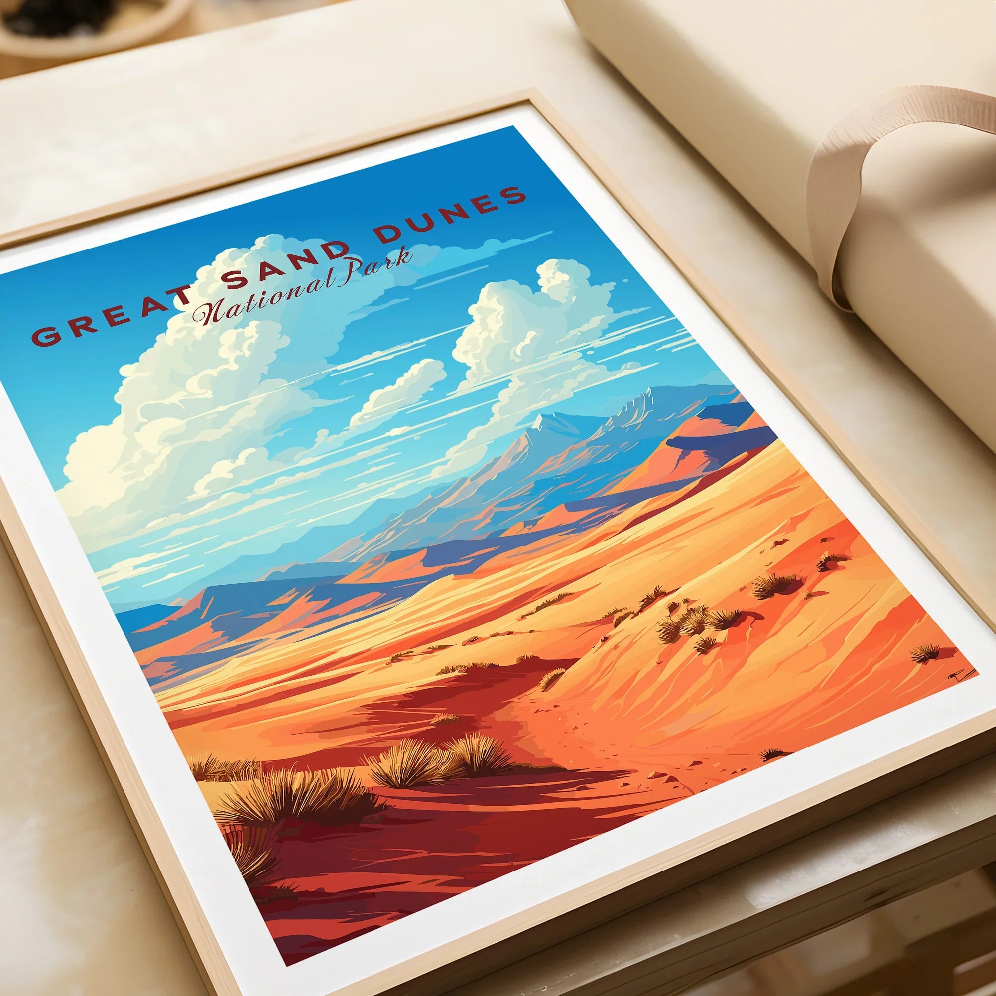 Framed Great Sand Dunes National Park art print with vivid desert landscape and blue sky