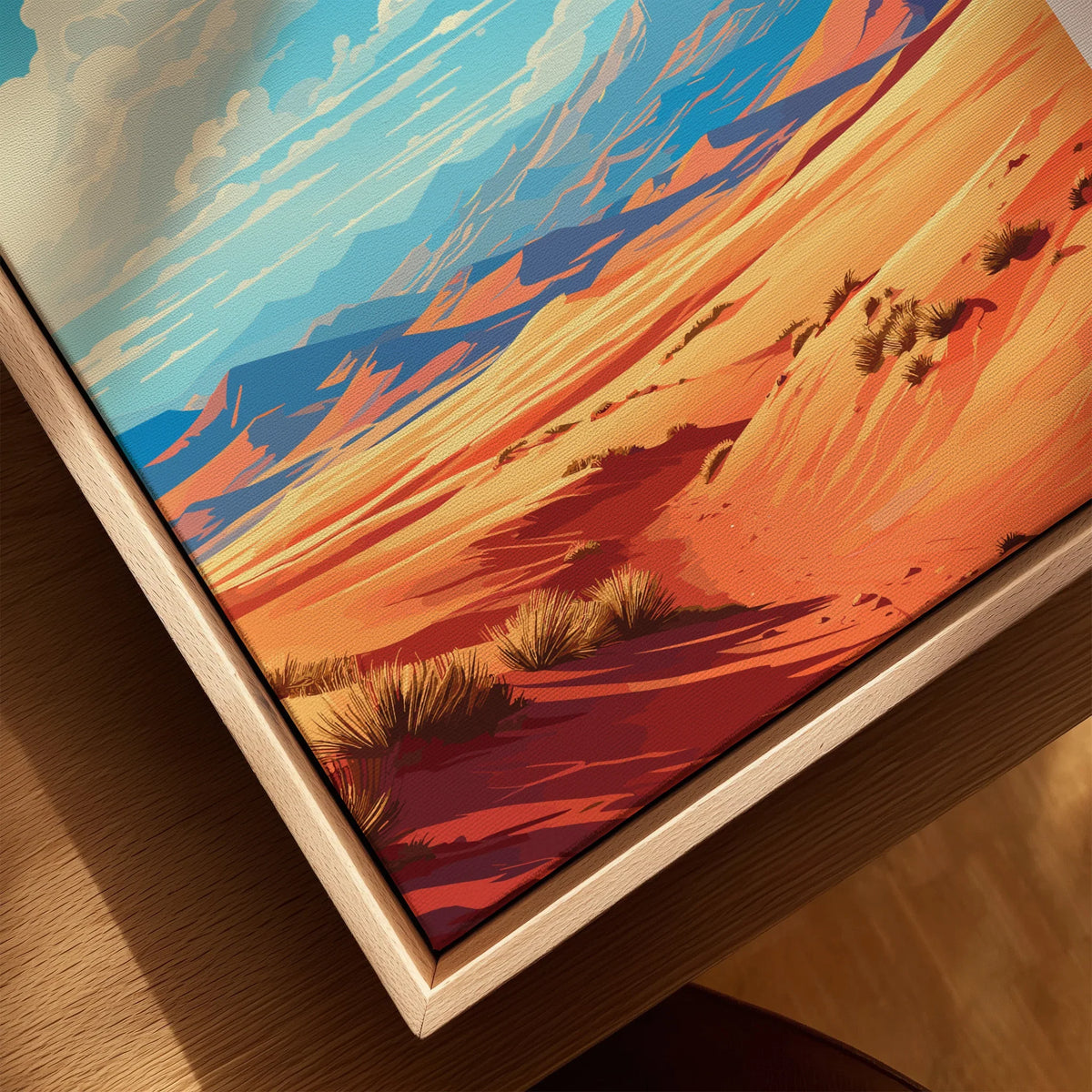 Colorful Great Sand Dunes landscape art print in natural wood floating frame