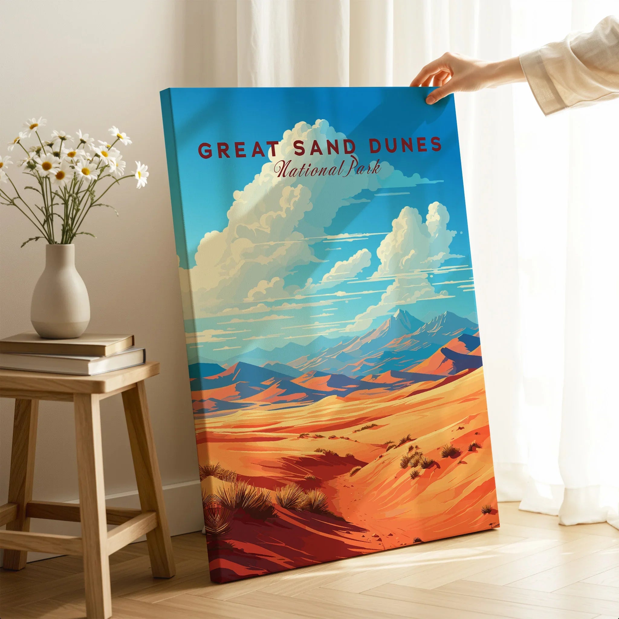 Great Sand Dunes National Park art print in a modern room with sunlight and wildflowers.