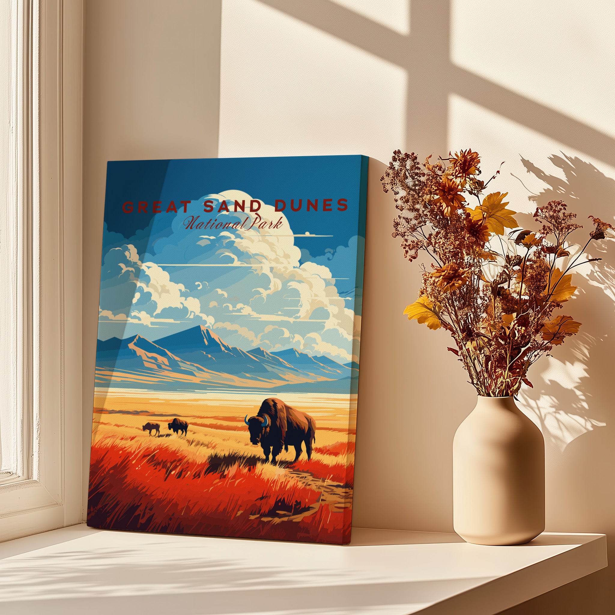 Great Sand Dunes National Park poster print with bison, mountains, and wildflowers on a windowsill.