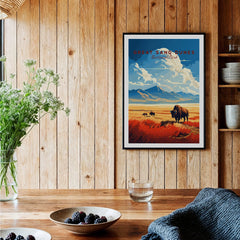 Framed Great Sand Dunes National Park art print with bison, hanging in a rustic kitchen.