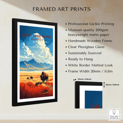 Framed Great Sand Dunes National Park art print with bison in a colorful landscape, product details listed.