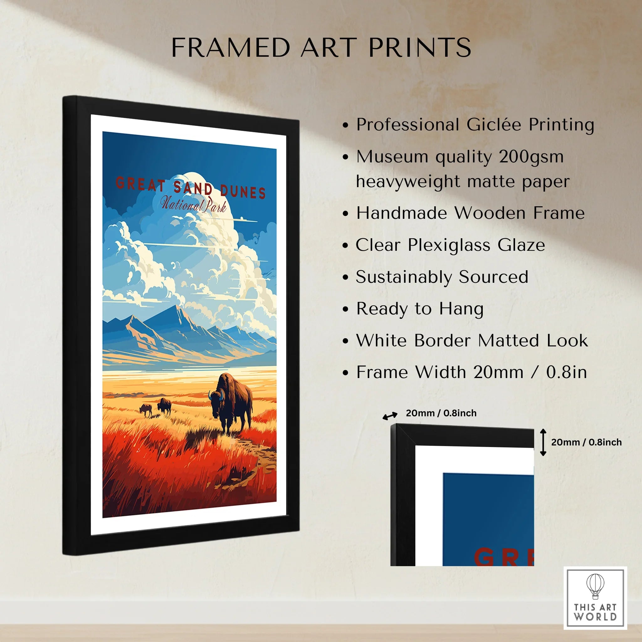 Framed Great Sand Dunes National Park art print with bison in a colorful landscape, product details listed.