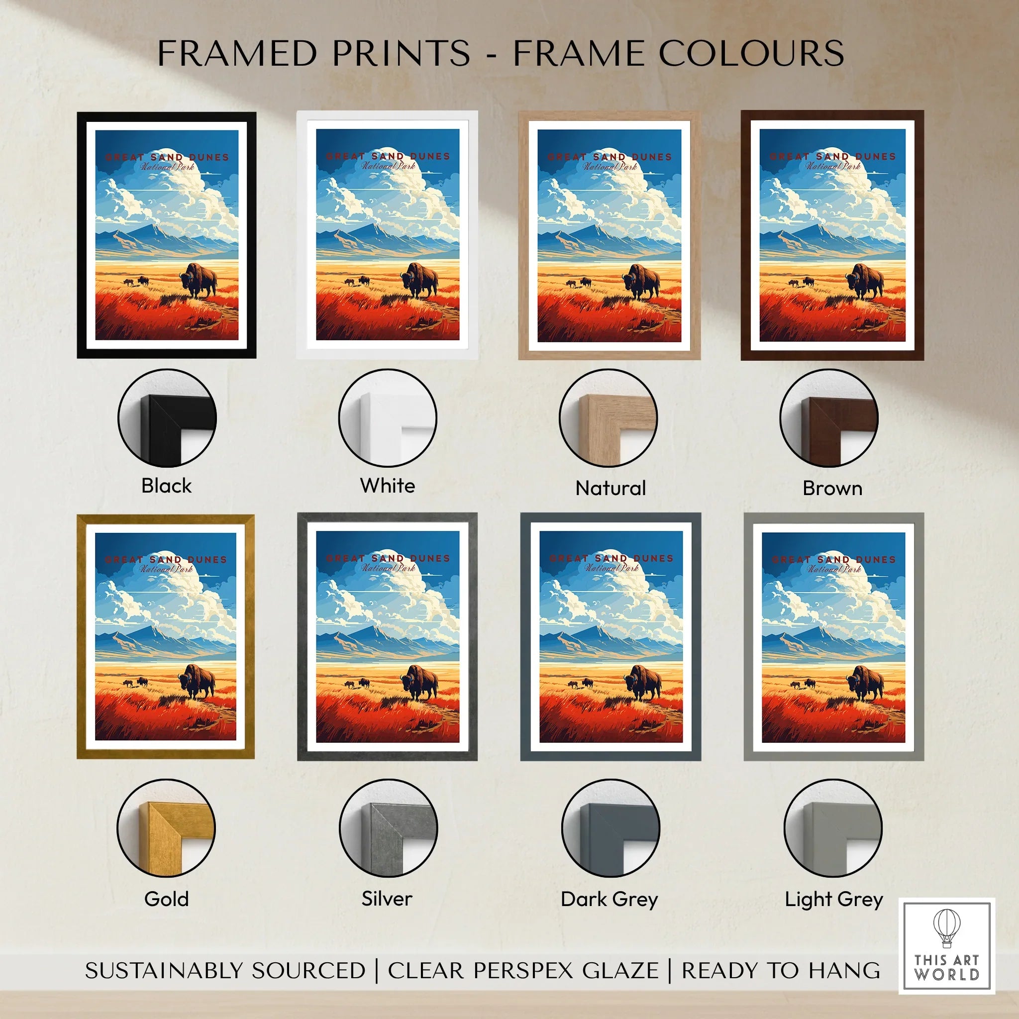 Great Sand Dunes National Park print showing bison on a prairie, framed in eight color options.