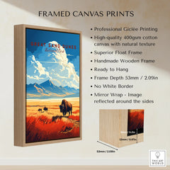 Framed canvas print of Great Sand Dunes National Park landscape with bison and mountains.