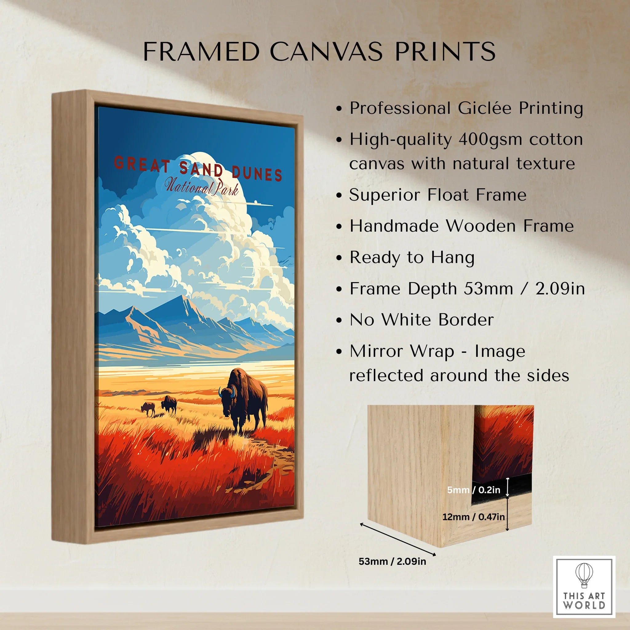 Framed canvas print of Great Sand Dunes National Park landscape with bison and mountains.
