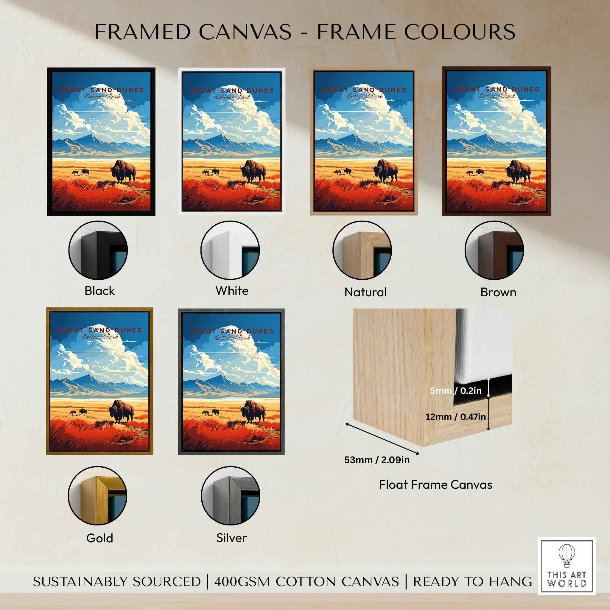 Great Sand Dunes National Park poster with bison, shown in six frame color options on canvas.