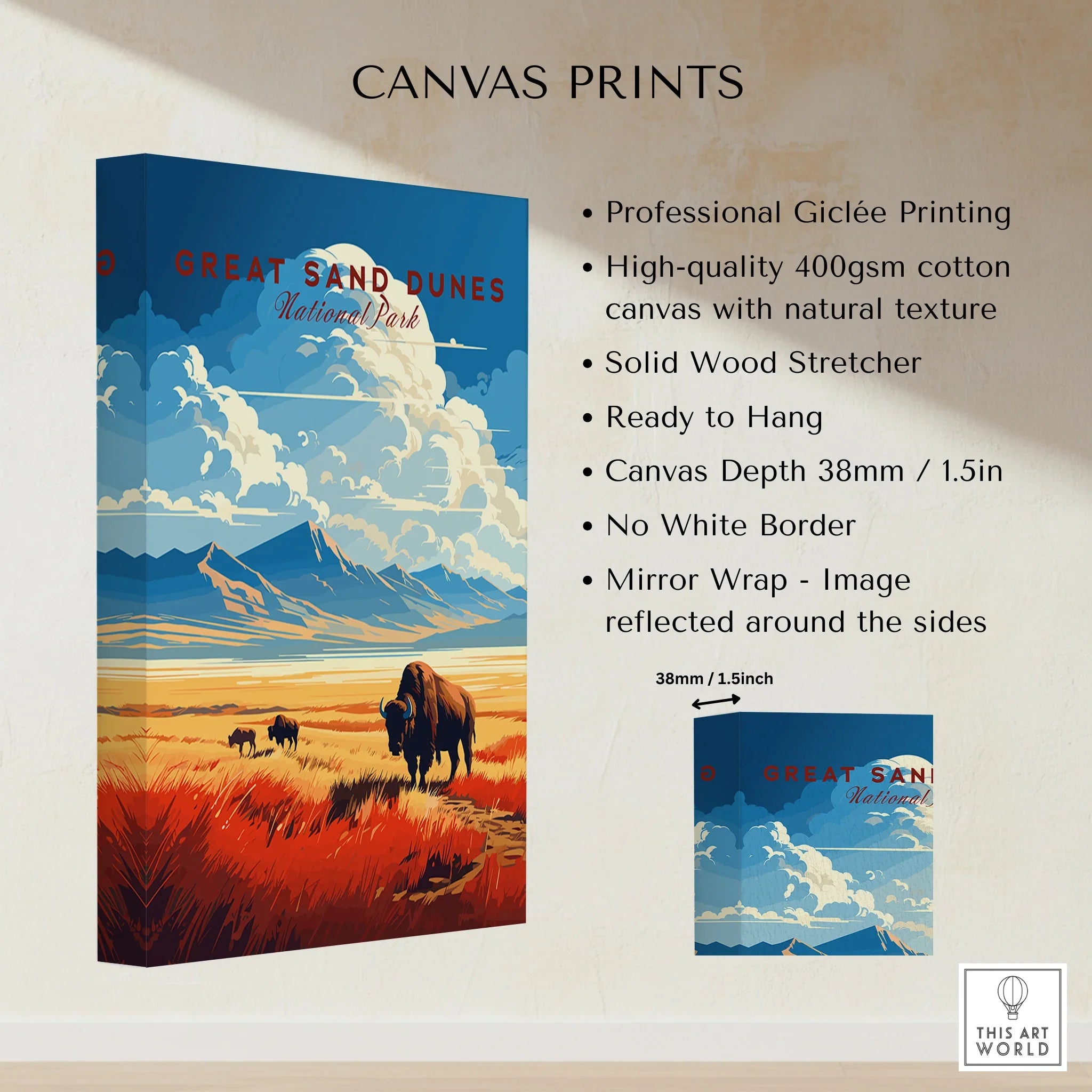 Great Sand Dunes National Park canvas print with bison, mountains, and vibrant sky wall art