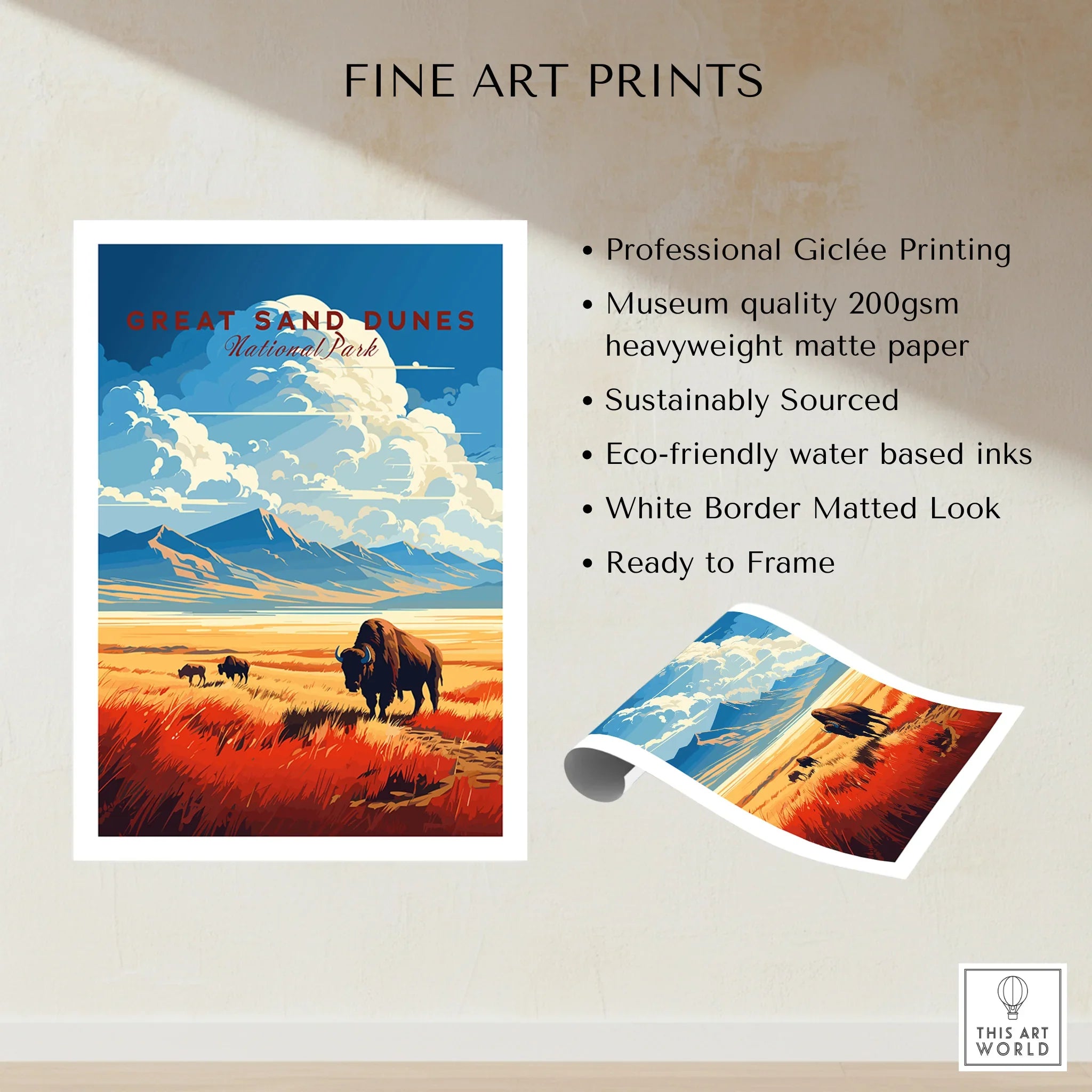 Great Sand Dunes National Park print featuring bison, mountains, and vibrant landscape art