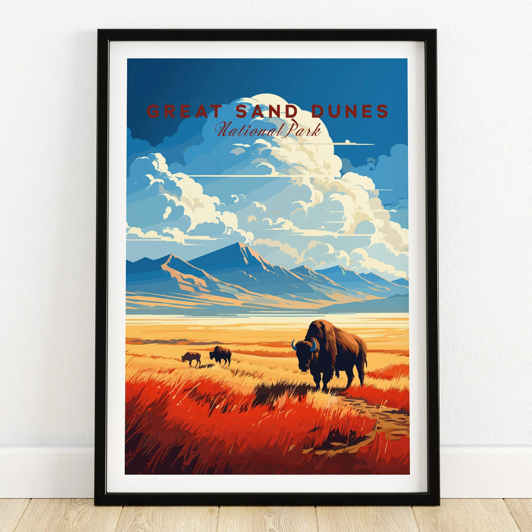 Great Sand Dunes National Park art print with bison, mountains, and colorful sky in black frame