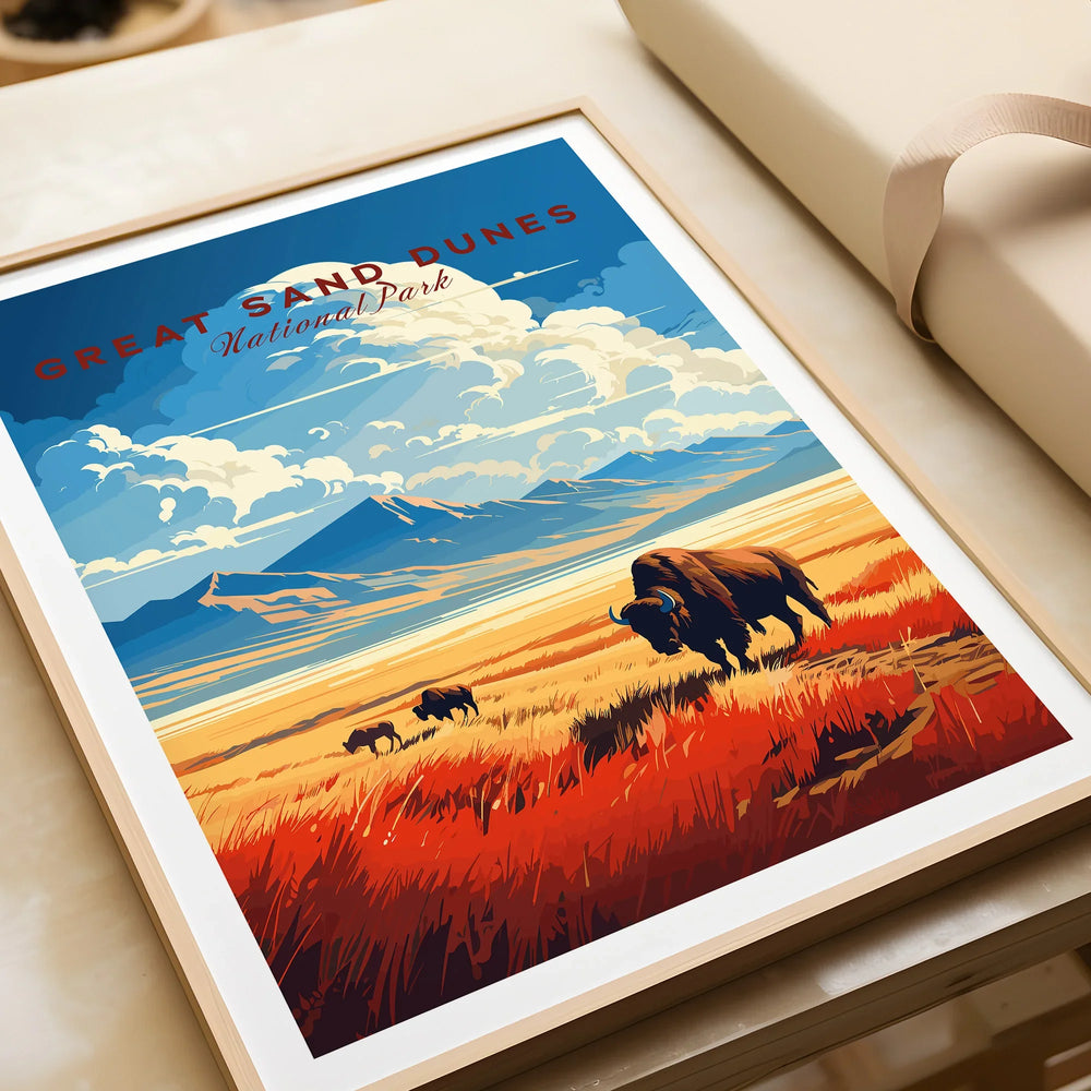 Framed Great Sand Dunes National Park art print featuring bison and vibrant landscape scene