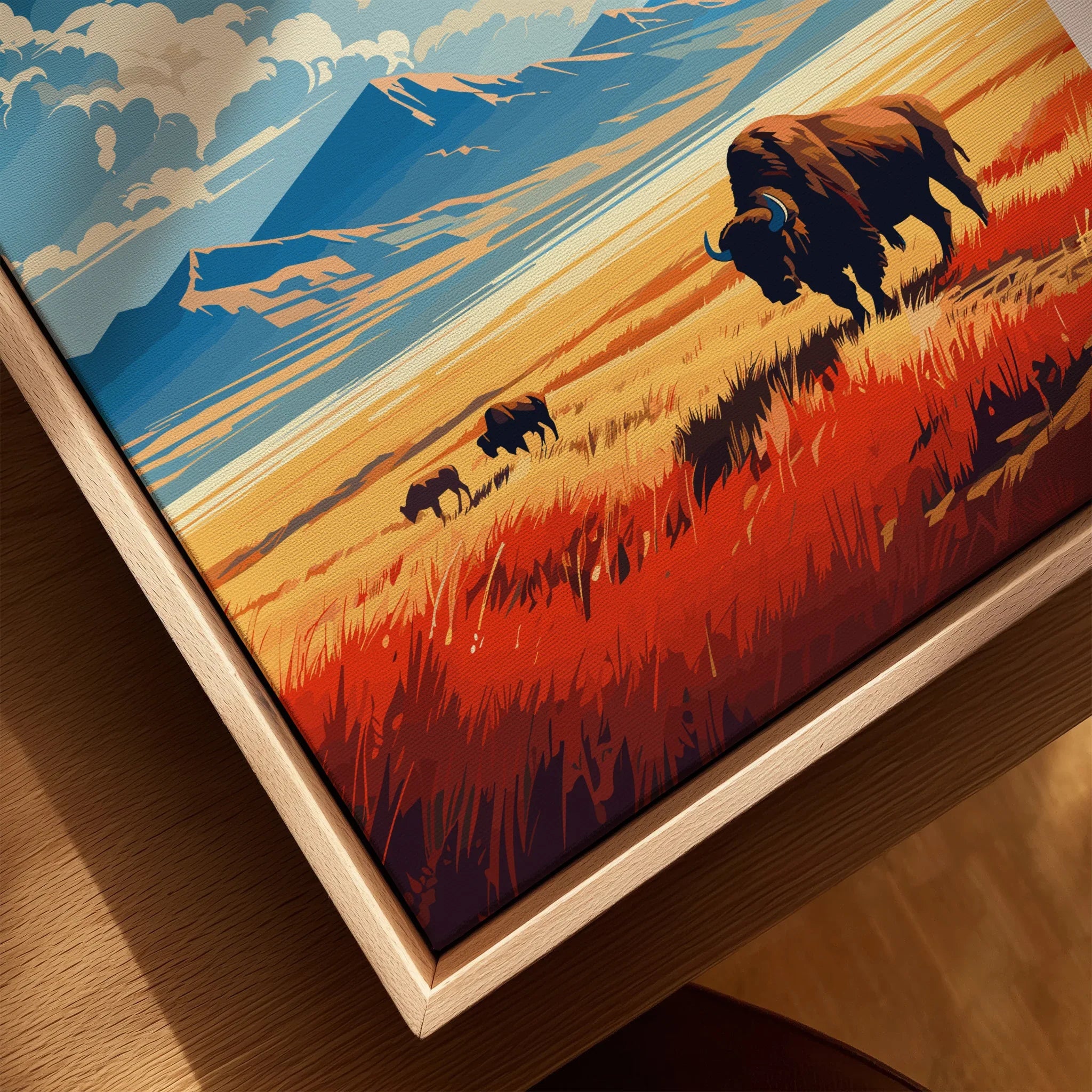 Framed canvas print of bison grazing in Great Sand Dunes landscape with vibrant colors