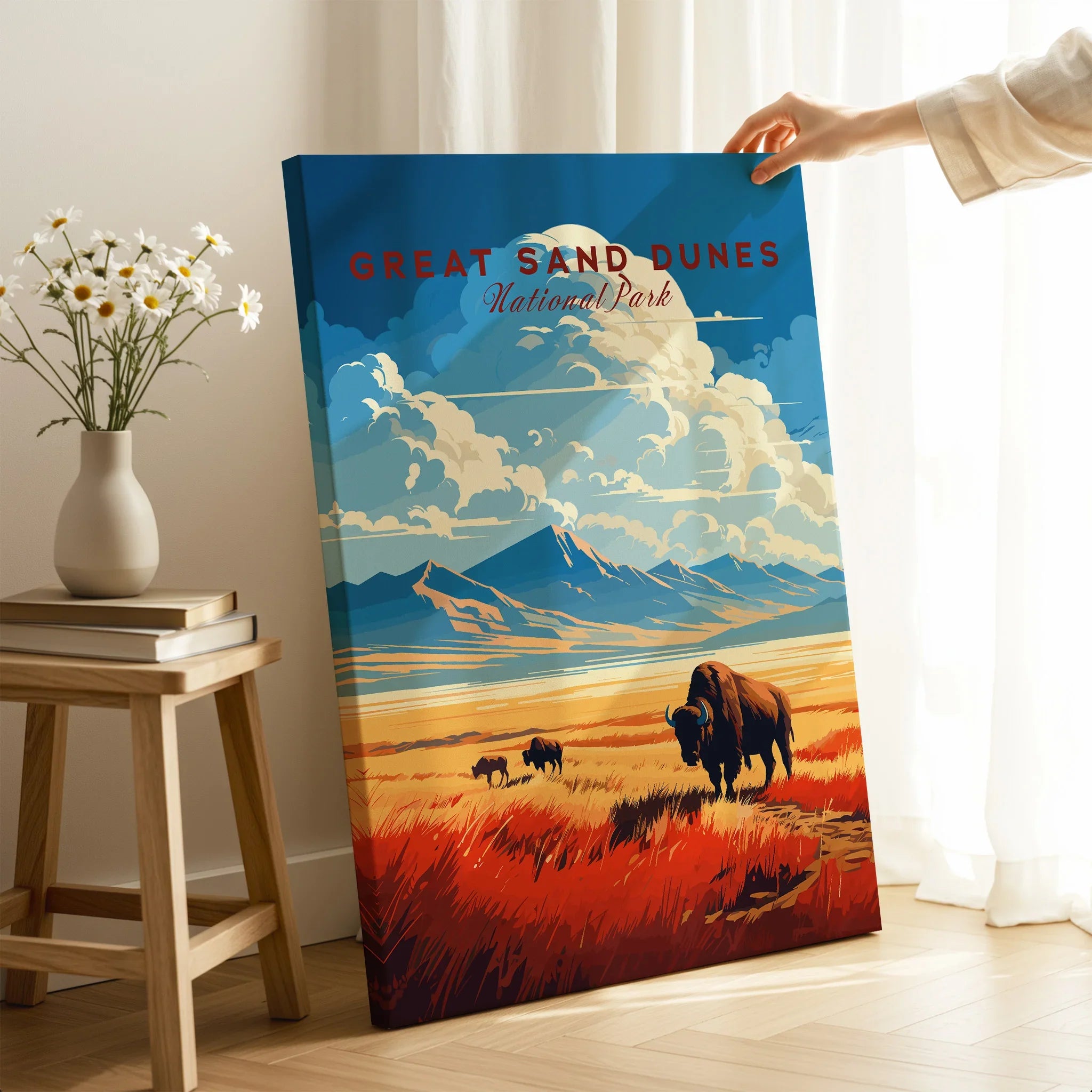 Great Sand Dunes National Park canvas print with bison and mountain landscape in home decor setting