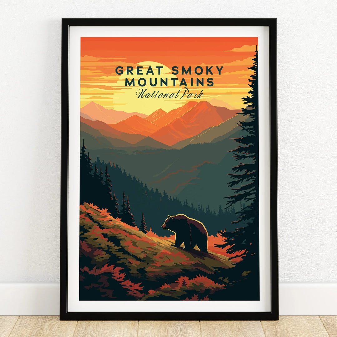 Great Smoky Mountains National Park art print in black frame, featuring bear silhouette and sunset landscape.