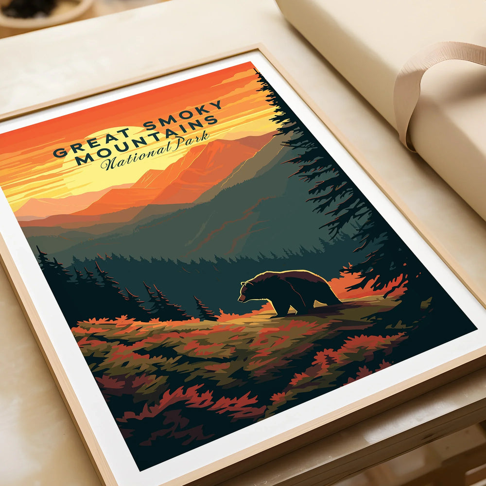 Great Smoky Mountains National Park art print with bear, sunset, and forest, framed