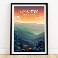 Great Smoky Mountains Print | National Park Poster showcasing a bear amidst a scenic mountain landscape at sunset.