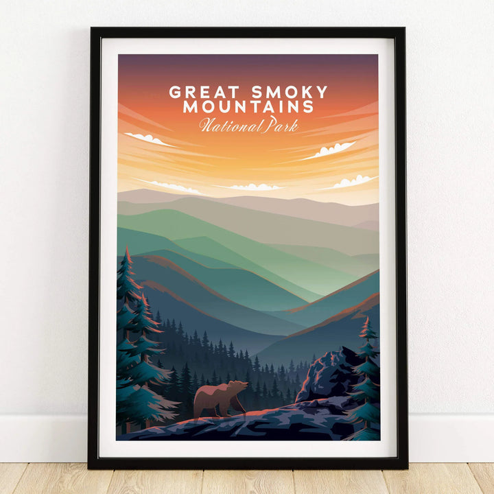 Great Smoky Mountains Print | National Park Poster showcasing a bear amidst a scenic mountain landscape at sunset.