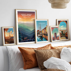 Great Smoky Mountains Print | National Park Poster displayed in stylish frames on a bed with decorative pillows.