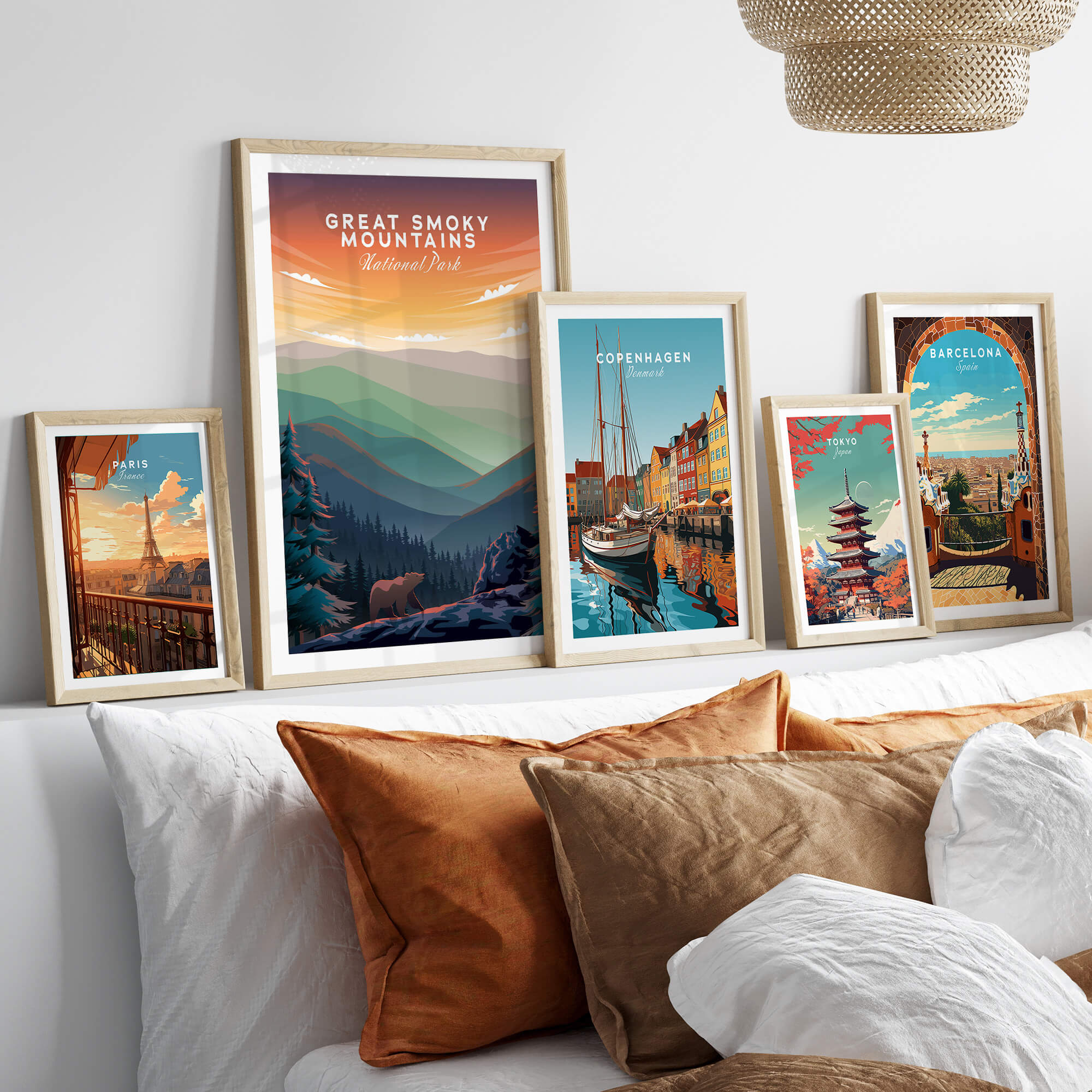 Great Smoky Mountains Print | National Park Poster displayed in stylish frames on a bed with decorative pillows.