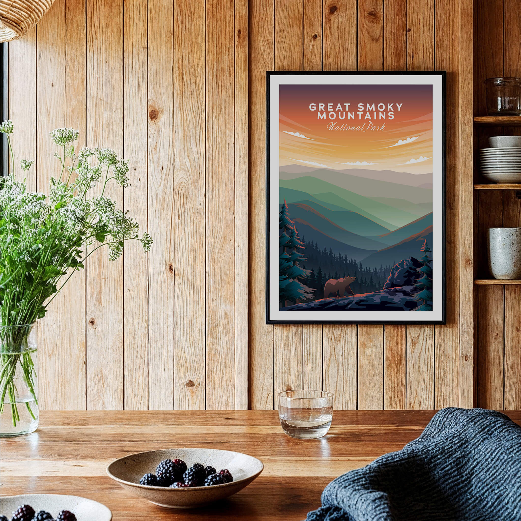 Great Smoky Mountains Print | National Park Poster displayed in a cozy interior with wood accents and mountains in art.