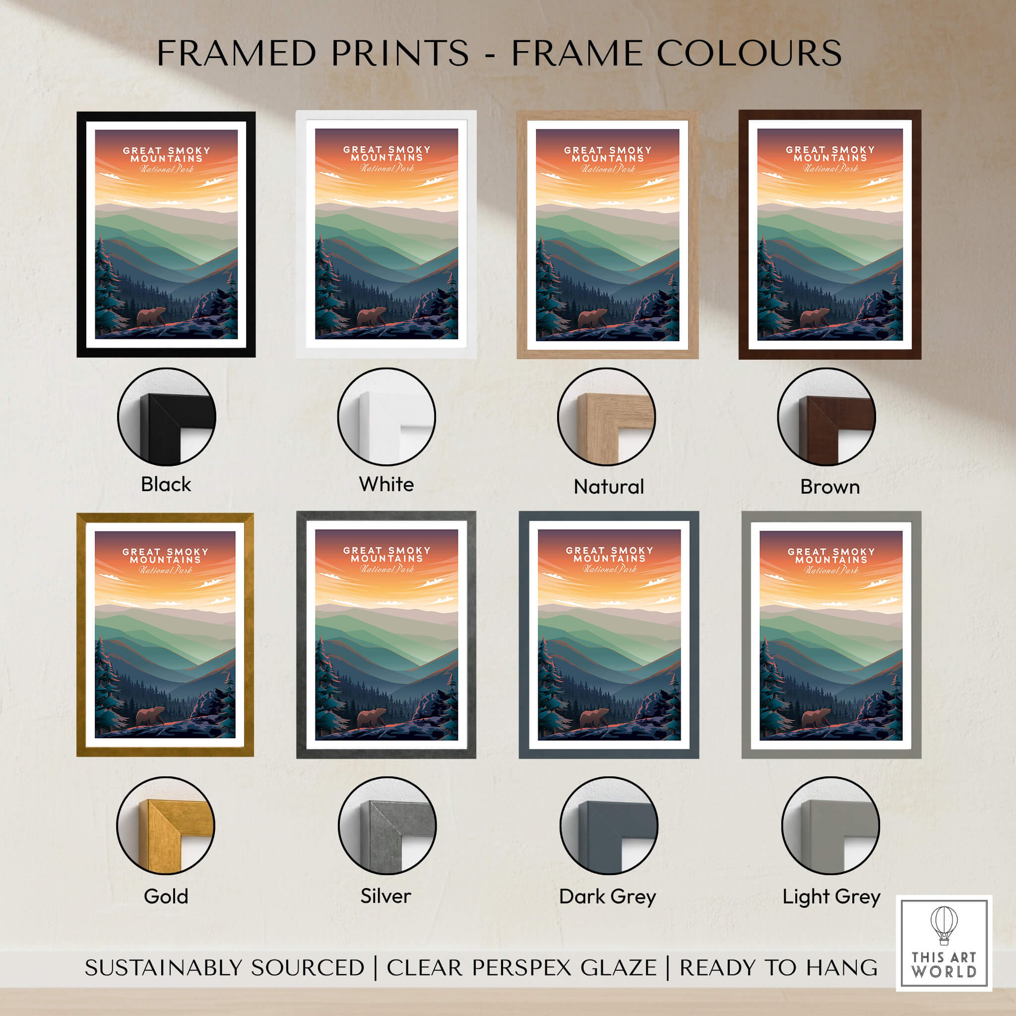 Various framed options for Great Smoky Mountains Print | National Park Poster showcasing color choices.