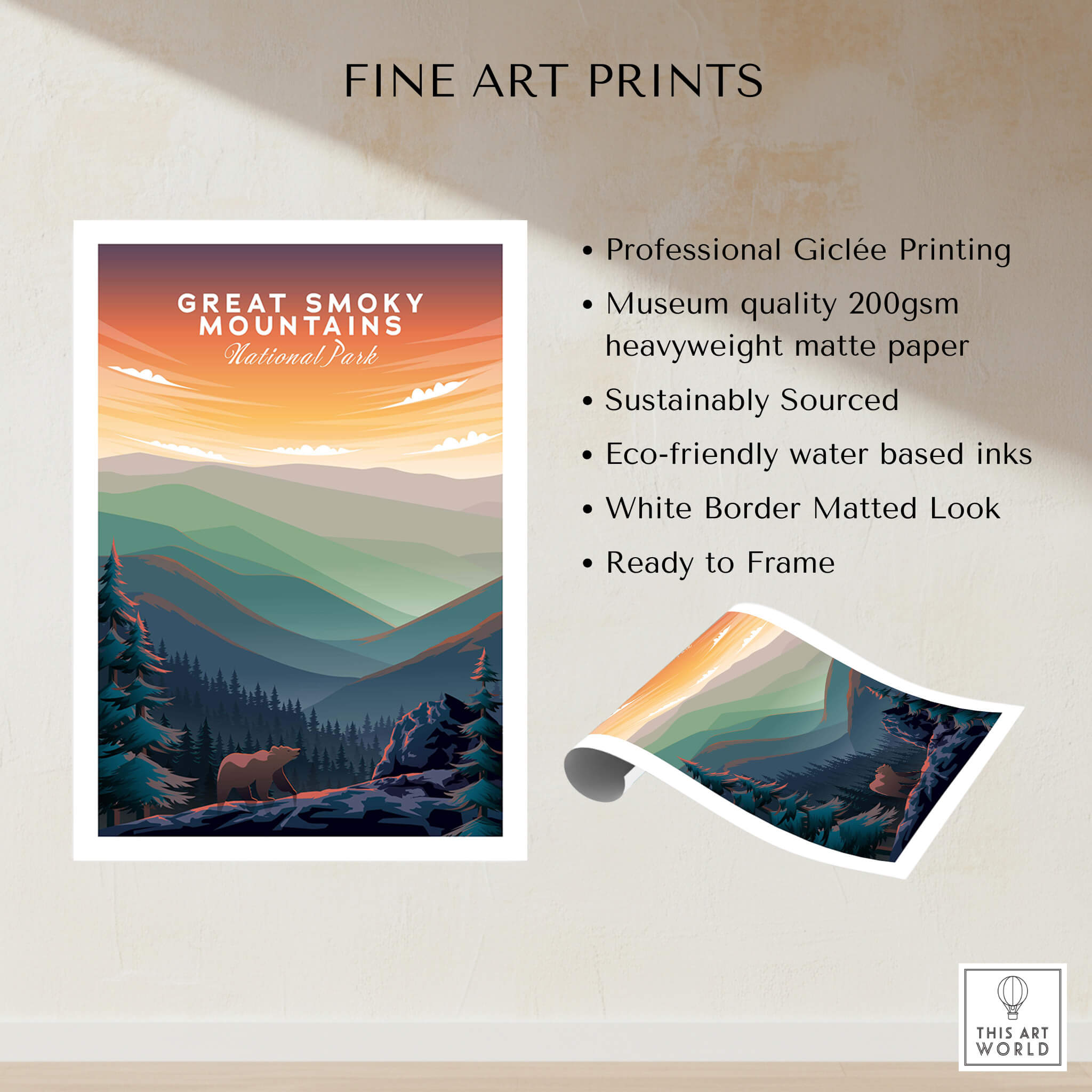 Great Smoky Mountains Print | National Park Poster displayed in a fine art print setting, showcasing vibrant landscape colors.