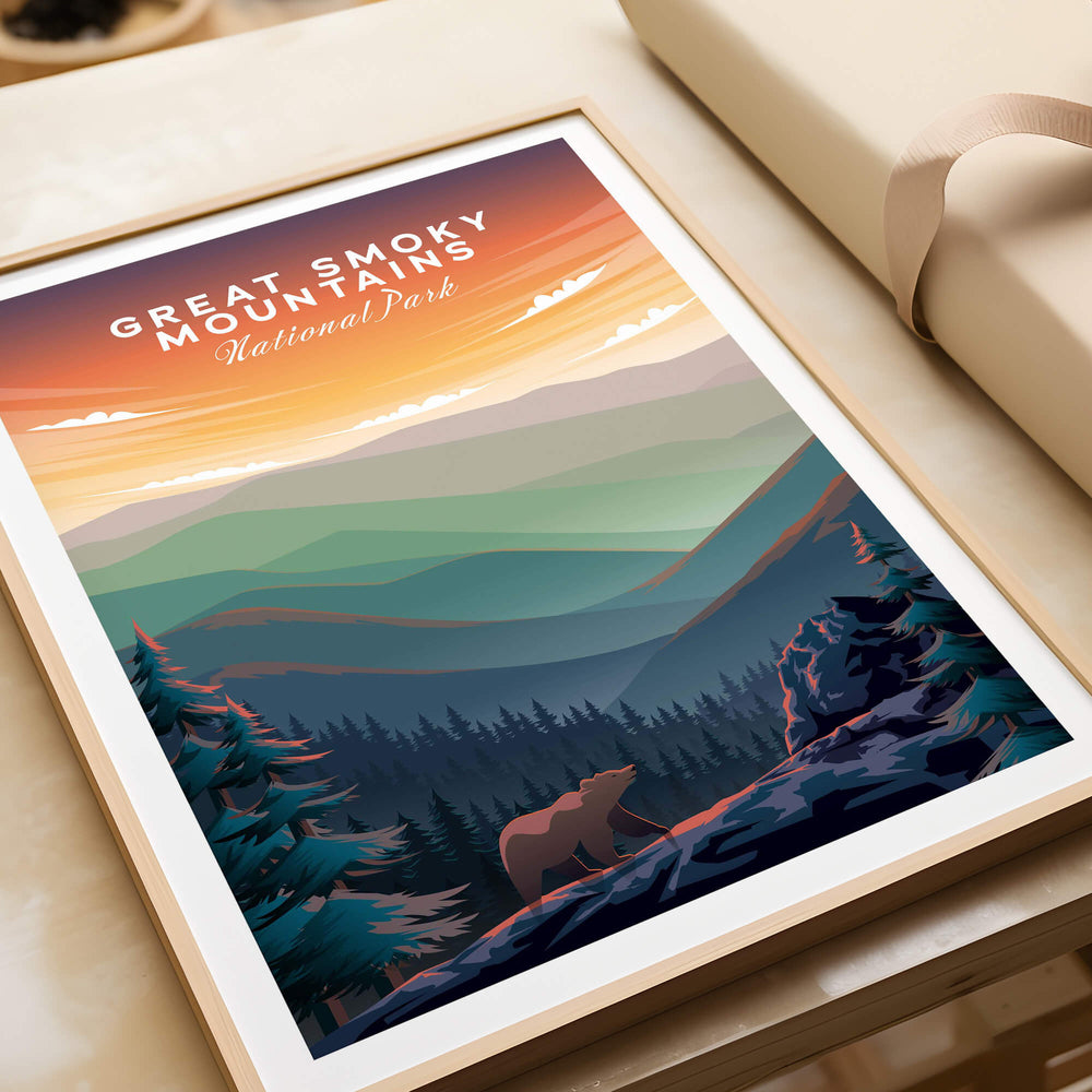 Great Smoky Mountains Print | National Park Poster showcasing a bear against a vibrant mountain landscape.