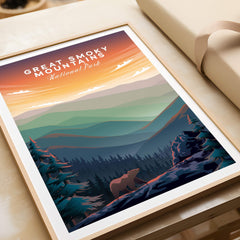 Great Smoky Mountains Print | National Park Poster showcasing a bear against a vibrant mountain landscape.