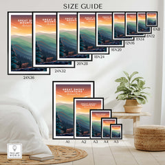 Great Smoky Mountains Print | National Park Poster size guide with frame options and dimensions.