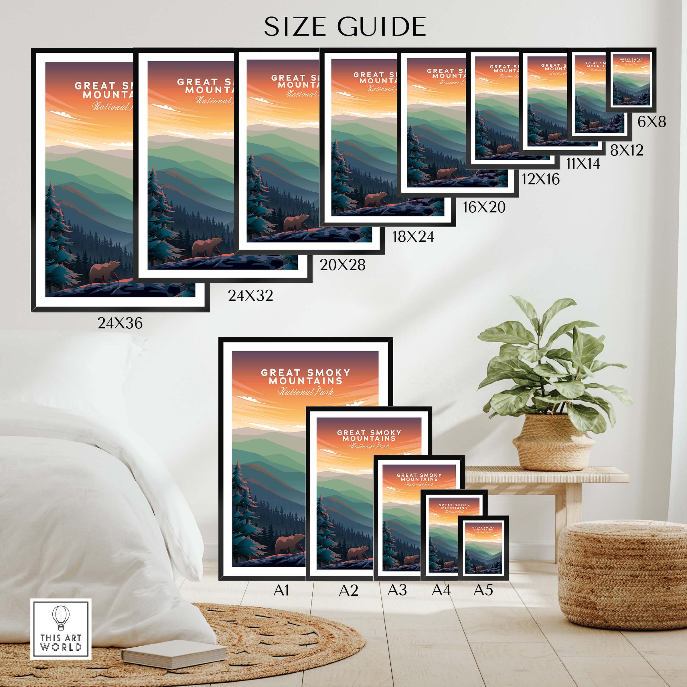 Great Smoky Mountains Print | National Park Poster size guide with frame options and dimensions.