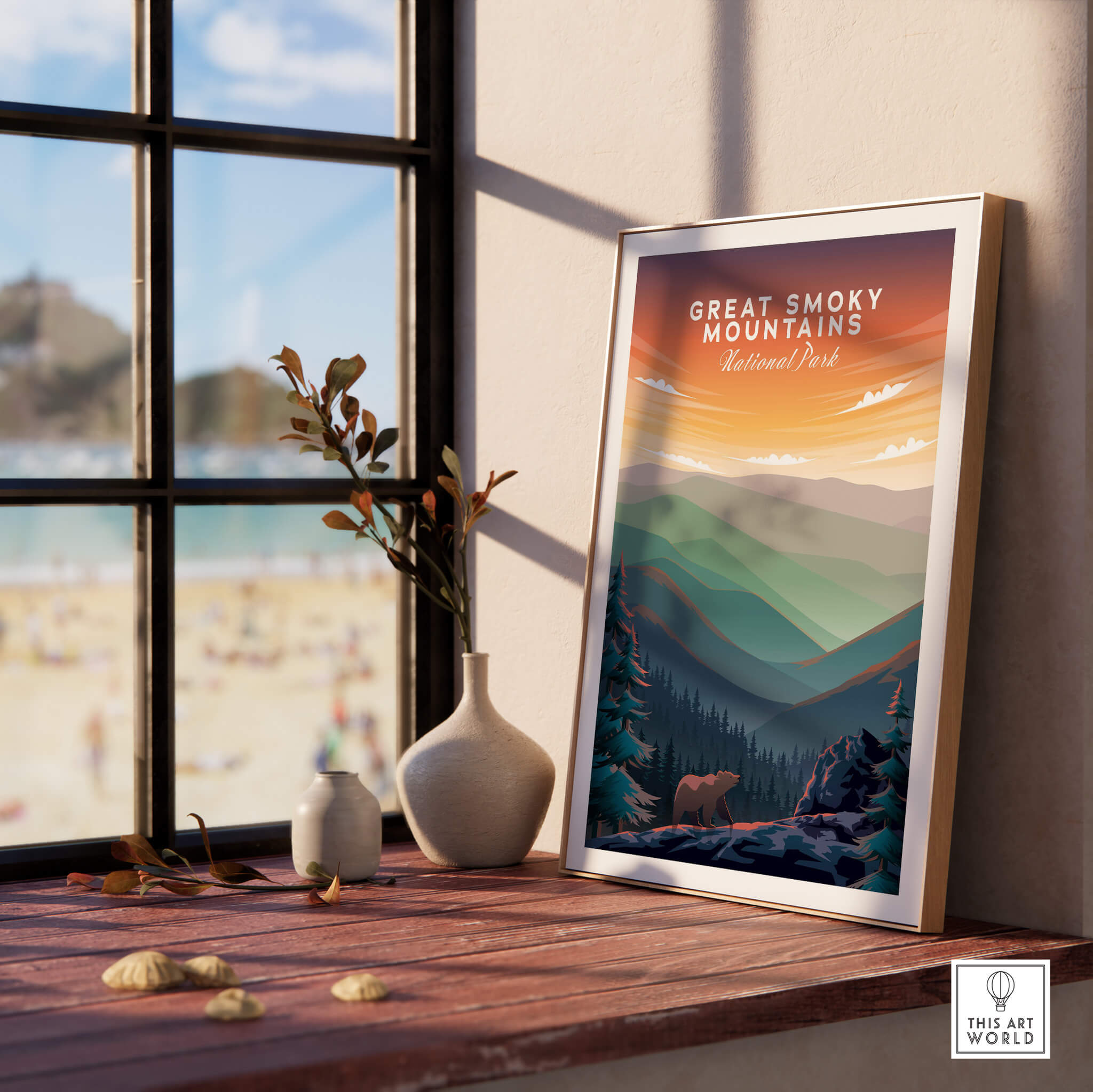 Great Smoky Mountains Print | National Park Poster displayed in a sunlit room with a beach view.