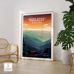 Great Smoky Mountains Print | National Park Poster showcased in a stylish living space with natural decor.