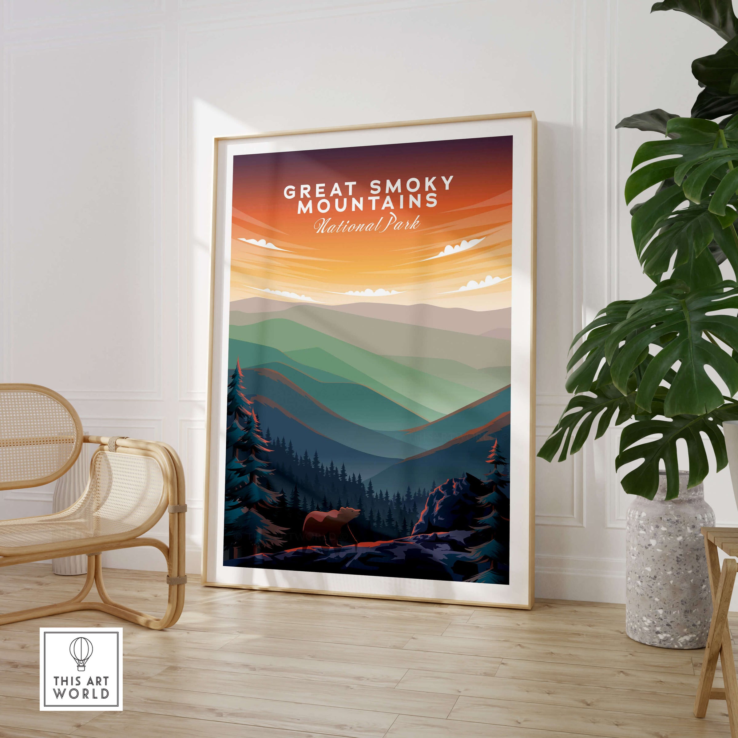 Great Smoky Mountains Print | National Park Poster showcased in a stylish living space with natural decor.
