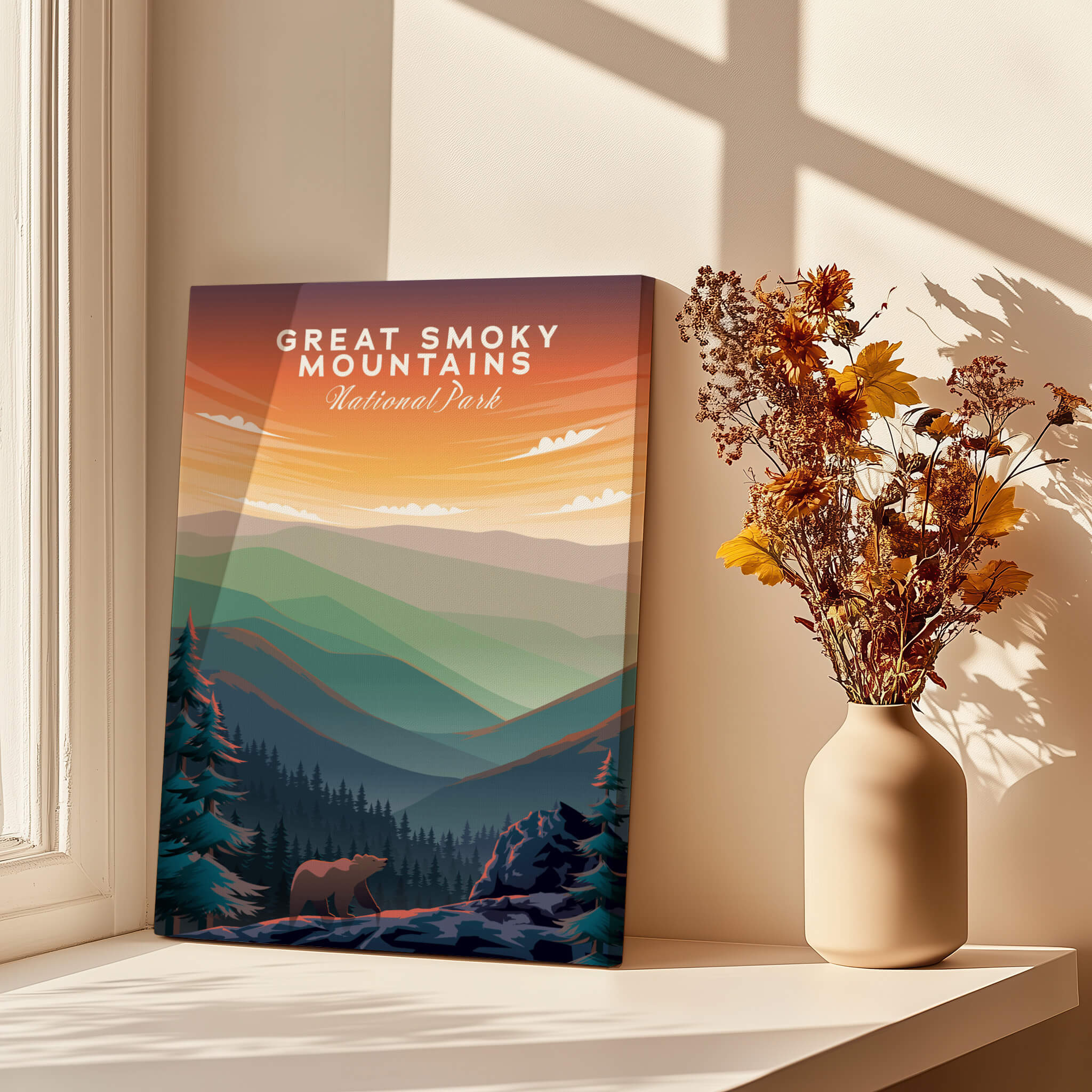 Great Smoky Mountains Print | National Park Poster showcasing serene landscape with mountain and bear illustration.