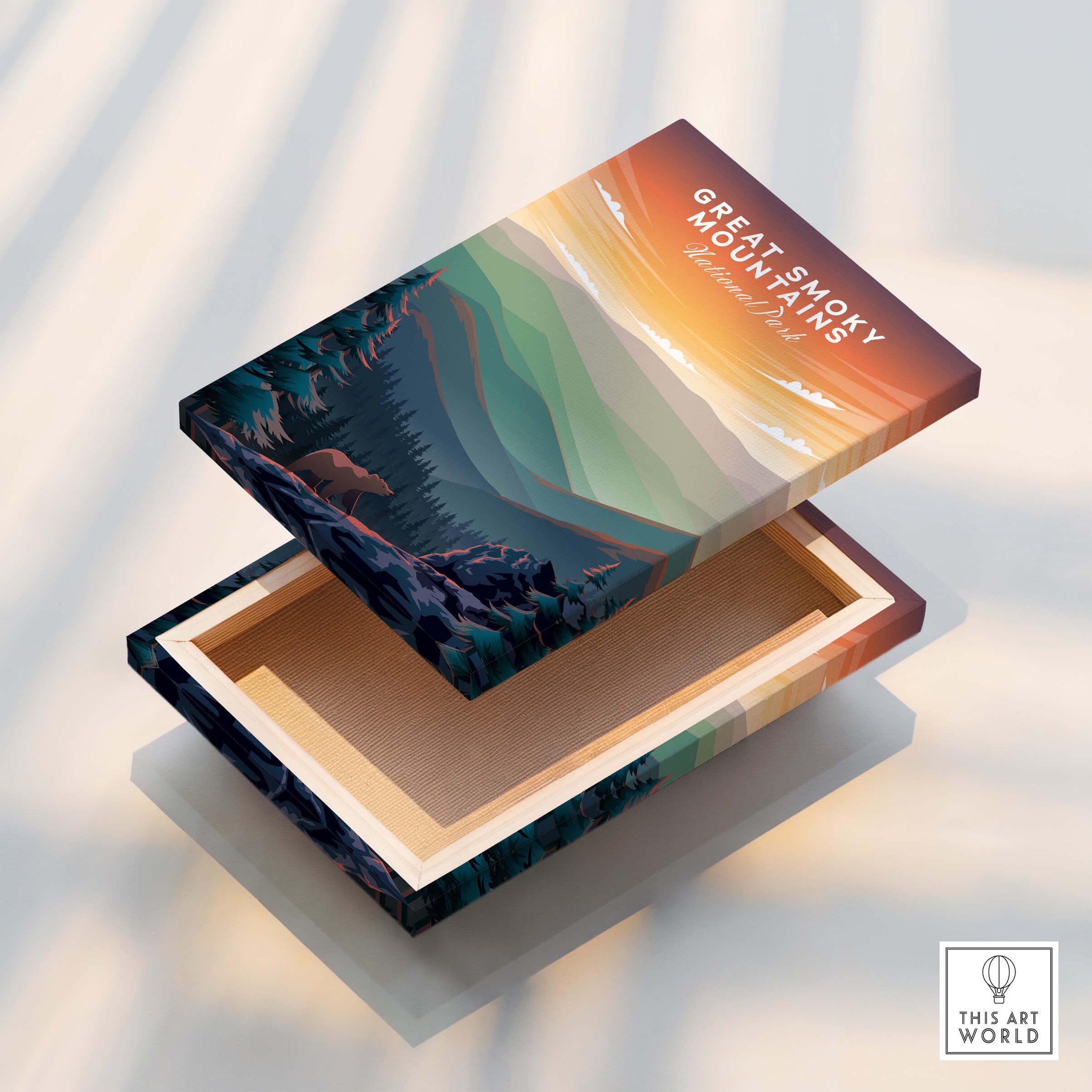 Great Smoky Mountains Print | National Park Poster wooden box artwork showcasing serene mountain landscape.