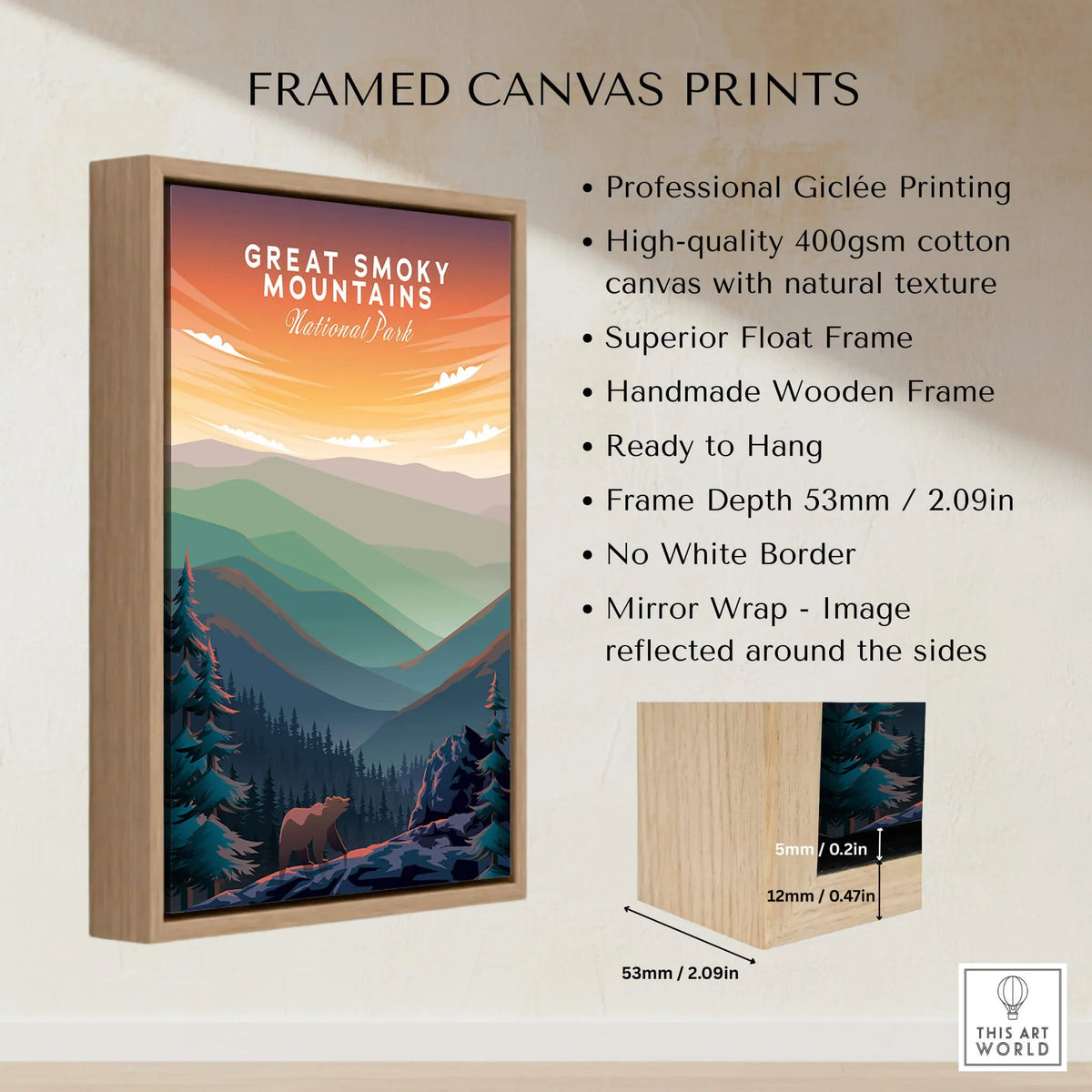 Great Smoky Mountains Print | National Park Poster showcased in a framed canvas print with professional Giclée printing.
