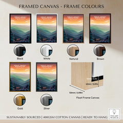Framed canvas options for Great Smoky Mountains Print | National Park Poster showcasing various frame colors.