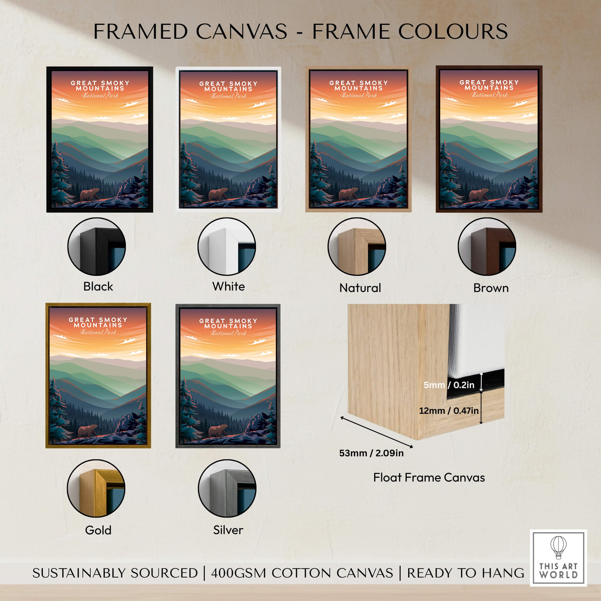 Framed canvas options for Great Smoky Mountains Print | National Park Poster showcasing various frame colors.