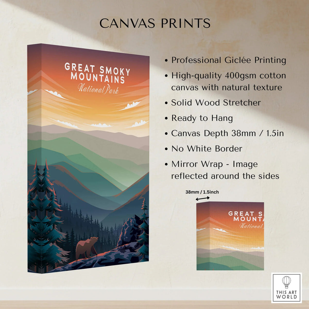 Great Smoky Mountains Print | National Park Poster on high-quality canvas with vibrant mountain landscape.
