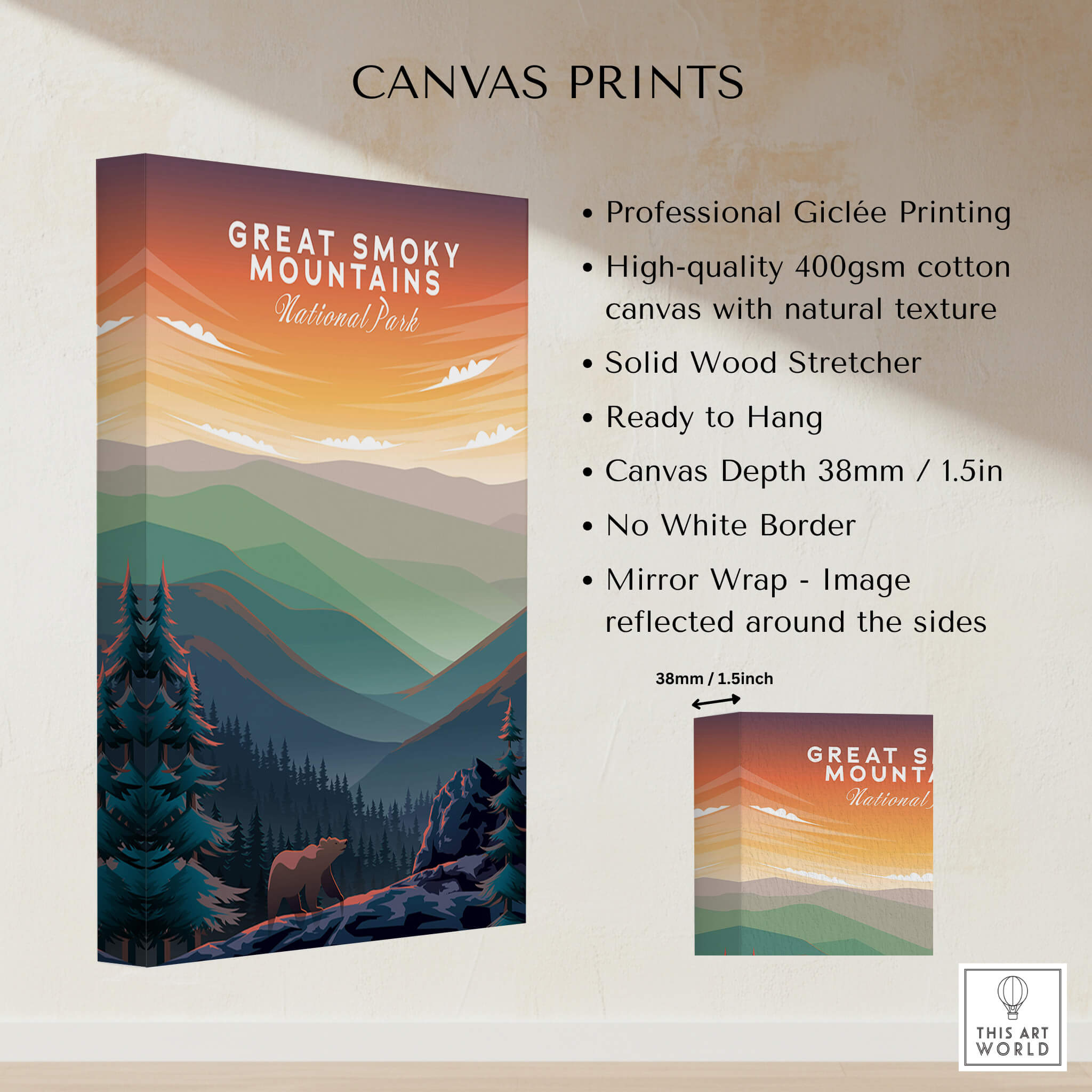 Great Smoky Mountains Print | National Park Poster on high-quality canvas with vibrant mountain landscape.